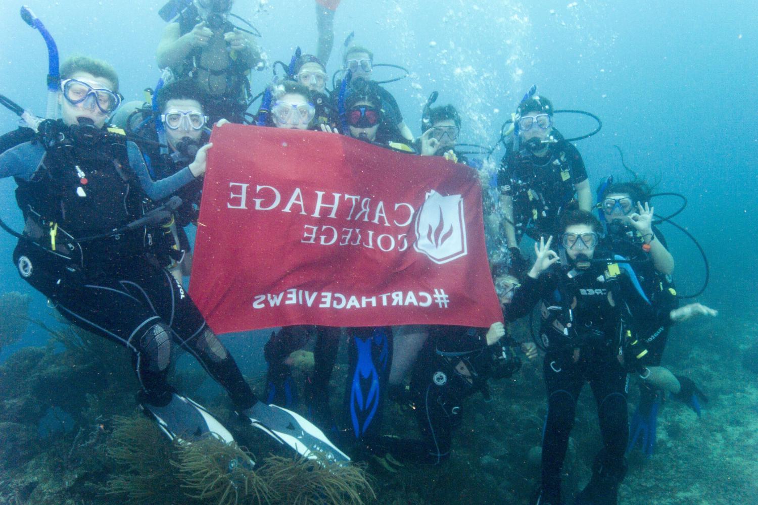 学生们手持<a href='http://rm3.ngskmc-eis.net'>bv伟德ios下载</a>旗帜，在j学期洪都拉斯游学之旅中潜水.